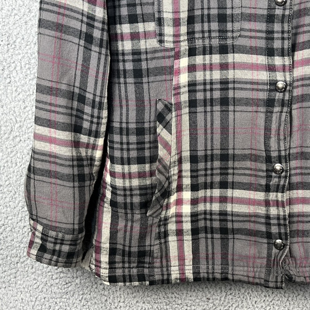 Wolverine Womens M Sherpa Lined Flannel Shirt Jacket Shacket Snap Up Grey Plaid - Picture 5 of 12